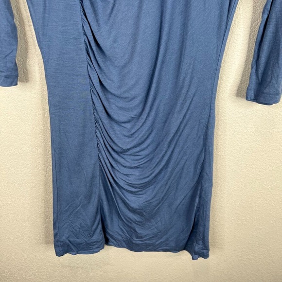 Halston Heritage Sheath Dress Sz 2 Blue Ruched 3/4 Sleeve Scoop Neck Silk Blend - Picture 4 of 13